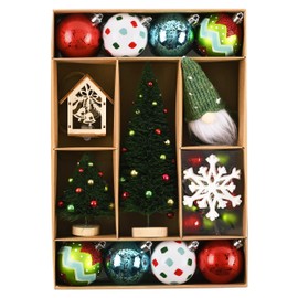 DecorbyHannah 70ct Christmas Ornaments Set, Shatterproof Red Green White Elves Theme Christmas Tree Decorations with Small Xmas Tree, Gnome and Wooden Lighted Bird House for Home Party Decor