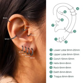 ChicSilver Black Small Hoop Earrings for Women 6MM 925 Sterling Silver Huggie Hoop Earrings Hypoallergenic Tiny Mini Hoops Cartilage Earrings