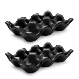 Ceramic Egg Tray 6-Cup Egg Holder Container for Fridge (Black, 2 Pack)
