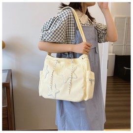 Y2K Star Hobo Bag for Women – Corduroy Drawstring Crossbody Bag, Aesthetic Travel Shoulder Tote (White)