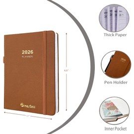2026 Daily Planner/Calendar, One Page Per Day, Daily Monthly Agenda Planner with Time Slots and Monthly Tabs, Jan - Dec 2026, 5.7" x 8.25" Appointment Book, Pen Holder, Leather Cover (2026-Brown)
