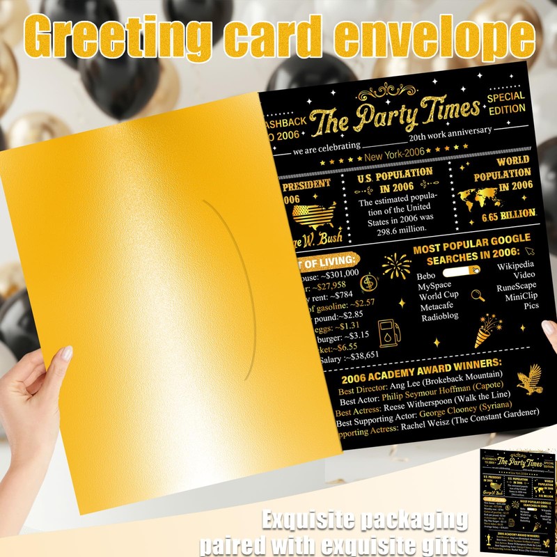 TAKEALOOKO Large 20th Work Anniversary Card - Black Gold 3D
