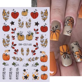 Fall Nail Art Stickers Decals Autumn Pumpkin Maple Leaf Nail Decals 8PCS Fall Leaves Flower Holly Pumpkin Nails Adhesive Stickers Manicure Accessories Tips for Women Holiday DIY Nail Art Decorations