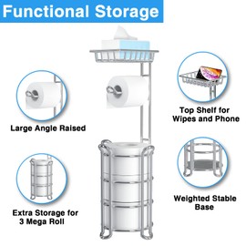 Toilet Paper Holder Stand with Shelf for Phone, Bathroom Free Standing Tissue Roll Storage Rack with Dispenser for 4 Mega Rolls, Chrome