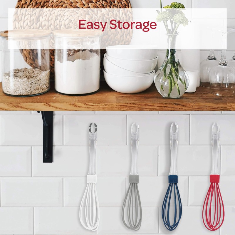 Silicone Whisks for Cooking, Non-Scratch, Clear Acrylic Handle, Hanging Hook,