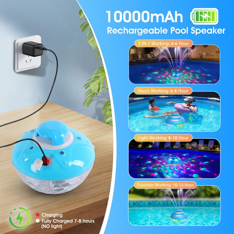 Blufree Bluetooth Pool Speaker w/Colorful Pool Fountain Light, 3 in