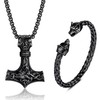 JeweBella Thor's Hammer Necklace Viking Wolf Head Bracelets Set for