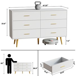 JOZZBY Dresser for Bedroom with 6 Drawers, Wooden White Dresser with Golden Handles, Modern Chests of Drawer Storage Organizer for Hallway, Entryway