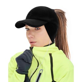 Gisdanchz Reflective Stretchy Women's Winter Ponytail Baseball Cap with Ear Flaps, black