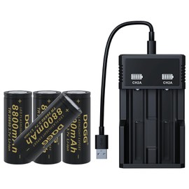 BENKIA 26650 Rechargeable Battery Flat Top 3.7Volt Li-ion Batteries 8800mAh Large Capacity for Flashlight Headlamp (26650 Battery+Charger, 4 Pack)