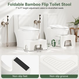 Foldable Bamboo Toilet Stool Squat Adjustable Heights for Adults and Kids, 7" & 9" Flip Poop Stool for Bathroom - Improve Squatting Posture and Comfort, Portable Potty Step Stool with Anti-Slip Layer