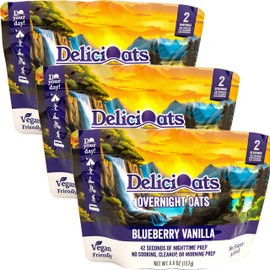 DeliciOats Overnight Oats | High-Protein, Vegan, Gluten Free Oatmeal for Backpacking, Camping, Emergency Food, and Everyday Breakfast | 5.5-oz Package - Two Servings | 3-Pack | Blueberry Vanilla