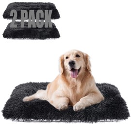 Machine Washable Dog Bed, Deluxe Plush Dog Crate Pad and Cat Bed, Anti-Slip Bottom Kennel Pad Mat, Fuzzy Pet Beds for Large, Medium, Small Dogs Breeds (Black, 24.0" L x 18.0" W x 3.0" Th x 2 Pack)