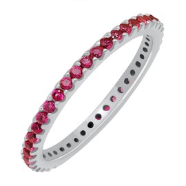 GOURIK White Gold Plated Stackable Created Pink Sapphire Ring for Women - Thin Eternity Band for Stacking - Pink Sapphire Light Weight Wedding Eternity Band Size 5