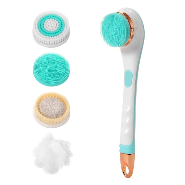 Body Brush, 5 in 1 USB Rechargeable Electric Waterproof Facial & Body Cleansing Brush Kit with Handle and 4 Brush Heads Facial Cleansing Brush Spin Brush for Face & Body (Green)