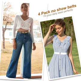 4 Pack Invisible Women Stretch Belt No Show Elastic Web Strap Belt with Flat Buckle for Jeans Pants Dresses,US Size 0-16,G-black+blue+white+beige