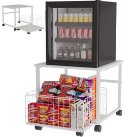 Tuedaino Mini Fridge Stand Washing Machine Stand, Refrigerator Base with 4 Swivel Wheels (16.9in High), Multi-Functional Mobile Beverage Refrigerator Stand with Storage, Max Load 240LBS, White