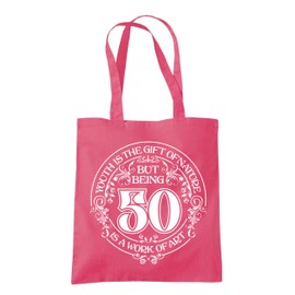 Dead Set Studio 50th Birthday Tote Bags, 50th Birthday Bag for Women Born in 1975, Funny & Stylish 50th Gift Bag for 50 Year Old Women RASPBERRY PINK