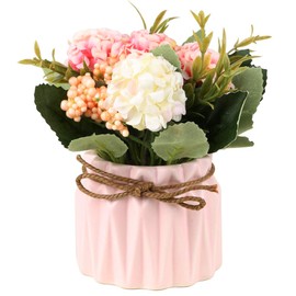 SUPNIU Artificial Hydrangea Bouquet with Small Ceramic Vase Fake Silk Variety Flower Balls Flowers Decoration for Table Home Party Office Wedding (Pink)