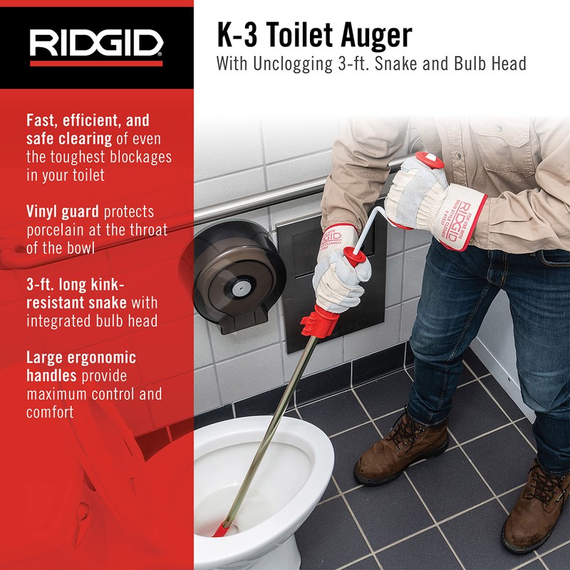 RIDGID 59787 Model K-3 Toilet Auger with Unclogging 3-Foot Snake