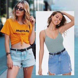 WHIPPY Women Skinny Leather Belt Thin Waist Jeans Belt for Pants in Pin Buckle Belt, Black, Pants Size 24-29 inches