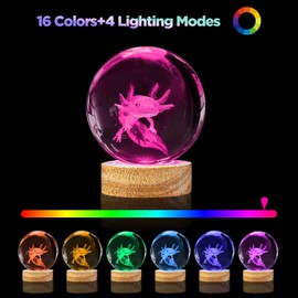 PYMIN3D 3D Axolotl Crystal Ball Night Light, 3.15in K9 Crystal Ball Lamp with 16 Color Change, Wooden Base and Remote Control Decor