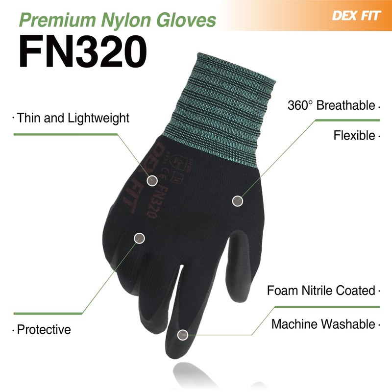 DEX FIT Lightweight Work Gloves FN330, 3D Comfort Power Grip,