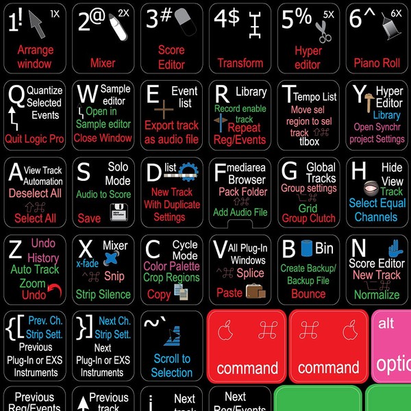 Apple Logic PRO X Keyboard Stickers ON Black Background for