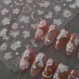 5D Embossed White Flower Nail Stickers Flowers Nail Art Stickers Pearl Nail Decals Self-Adhesive Spring Nail Stickers Summer Nail Supplies for Women Girls DIY Manicure