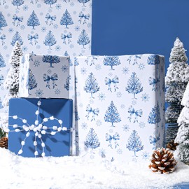 BIOBROWN Reversible Christmas Wrapping Paper - 17 Inch X 33 Feet (46.7 sq. ft. ttl.) - Holiday Trees and Bow Design Perfect for Xmas, Party, Holiday Gift Wrap