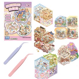 22 Stück DIY-Aufkleber, 3D Miniatur Haus Sticker, Hausaufkleber 3D Miniature Scene Stickers, Miniatur Haus Sticker 3D Mit Pinzette, Aufkleber Scene Selbermachen Von Kaffeehaus (A) (B)