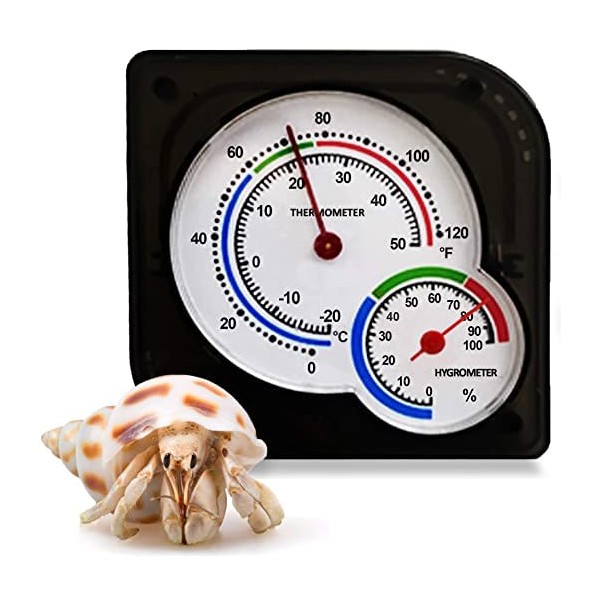 SunGrow Hermit Crab Humidity and Temperature Reader, Black Analog Thermometer and Hygrometer for Terrariums, Color-Coded Sections, Measures in Fahrenheit and Percent, 1 Pc per Pack