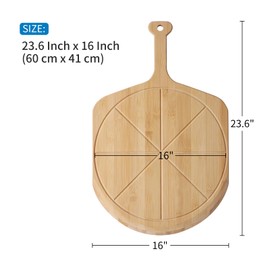 Fiery Chef 16' Bamboo Pizza Peel - Lightweight Smooth Wooden Paddle and Pizza Cutting Board with 8 Slice Grooves, Outdoor Oven Accessories, 23.6 x 16 Inch