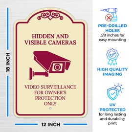 Sigo Signs, Hidden and Visible Cameras Video Surveillance for Owner Protection Décor Sign, Burgundy Light, 12x18 Inches, ACM, Fade Resistant, Made in USA