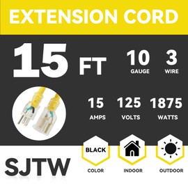 EP 15 Ft Lighted Outdoor Extension Cord - 10/3 SJTW Heavy Duty Yellow Extension Cable with 3 Prong Grounded Plug for Safety, UL Listed