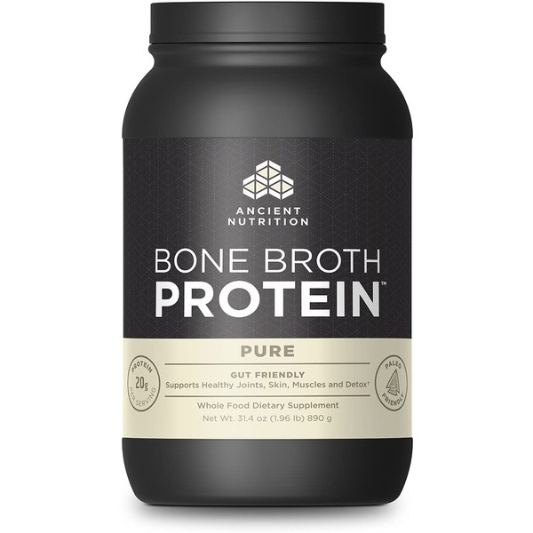 Bone Broth Protein Powder by Ancient Nutrition, Pure Flavor, 20g Protein per Serving, Supports Healthy Skin, Gut Health, Joint Supplement, Gluten Free, Paleo and Keto Friendly, 40 Servings