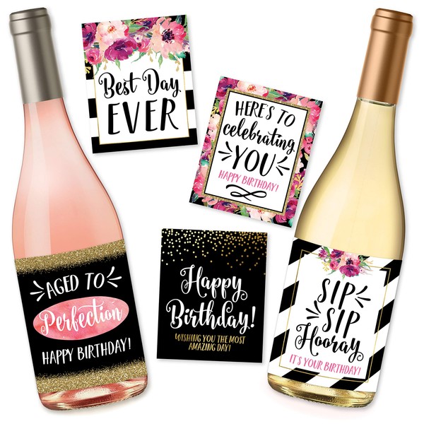 5 Birthday Wine Bottle Labels or Stickers Present, Bday Milestone Gifts For Her Women, Any Age Years Funny Unique Old Chic Pink Black Gold Party Decoration Centerpiece Supplies For Wife, Mom, Friend