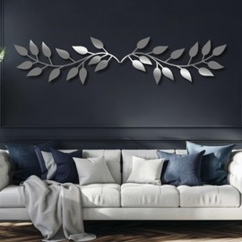 Yemwot Metal Leaves Wall Decor, Olive Branch Leaf Metal Wall Decor, Leaves Art, Leaf Art, Tree Branch, Ivy Tree, Living Room Bedroom Hanging (Silver, 59"x 13"| 152x34cm)