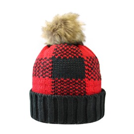 BNCO Apparel Winter Beanie Hat with Faux Fur Pompom & Inner Plush Lining Black/Red