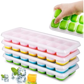 TWCE - Juego de 4 bandejas para cubitos de hielo, de fácil liberación, sin BPA, 14 bandejas para cubitos de hielo con tapa, molde apilable para cubitos de hielo, adecuado para bebidas congeladas,