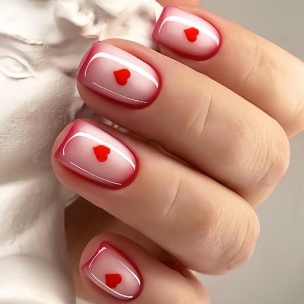 24Pcs Red Heart Press On Nails Square Short Fake Nails