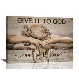 Farmhouse Bedroom Wall Art Decor Give It to God and Go to Sleep Sign Quotes Pictures Rustic Christian Girls Painting Country Inspirational Bible Verse Canvas Framed Print Artwork Living Room 24''x16''