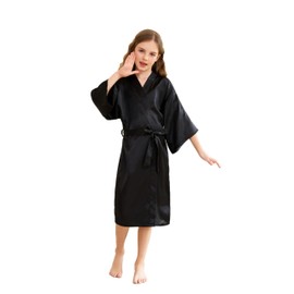 CuteOn Girls Robe Kimono Satin Silk Girl Bathrobe Dressing Gown Black Size 5-7Years - (Height 100-115cm)