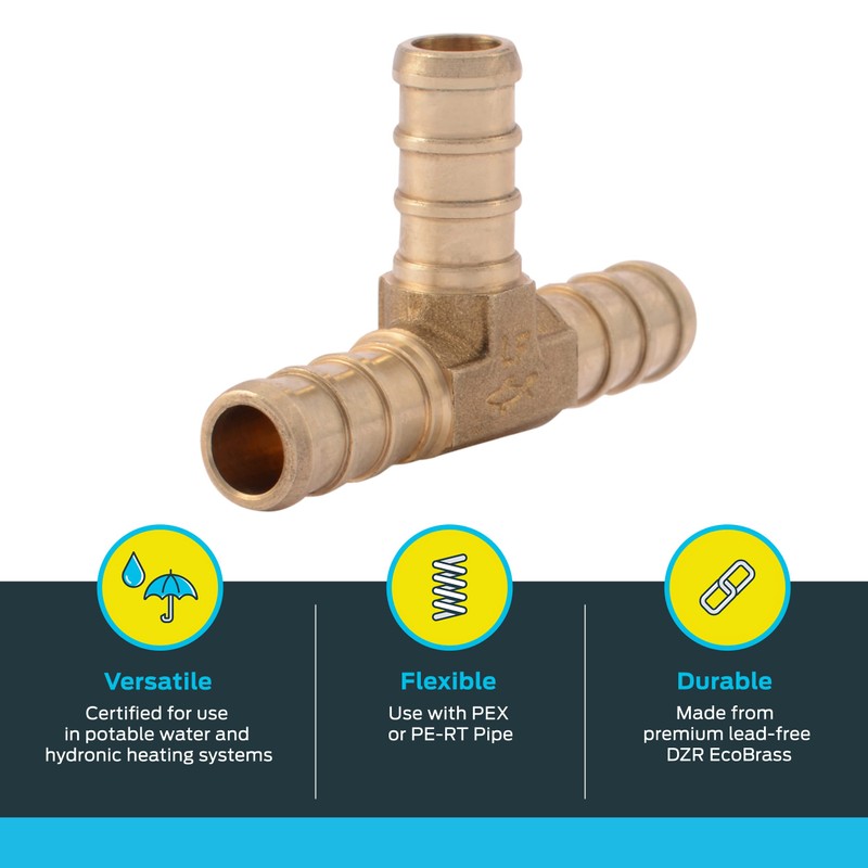 SharkBite 3/8 Inch Crimp Tee, Brass Plumbing Fitting, PEX Pipe,