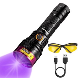 ALONEFIRE SV18 12W 365nm UV Flashlight Powerful USB C Rechargeable Woods Lamp Black Light for Pet Urine Detection, Resin Curing, Minerals, Fishing,Scorpion, Bed Bug with UV Protective Glasses,Battery