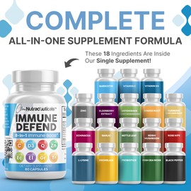 Clean Nutraceuticals Immune Defense Support Supplement 8 in 1 with Zinc 50mg Quercetin, VIT C 1000mg, Vitamin D3 5000 IU, Elderberry, Ginger - Immunity System Booster for Adults, Vegan - 60 Count