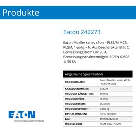 Eaton PLSM-C20/1N-MW Circuit Breaker 20A 1P+N 1-Pin + N C-Characteristics LS Switch (242273 Old 244801)