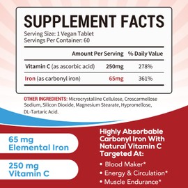 Iron Supplement 65mg with Natural Vitamin C, Gentle on The Stomach, High Absorption, for Red Blood Cell Function, Energy Support, and Muscle Health, Once Daily, Vegan, 60 Tabs