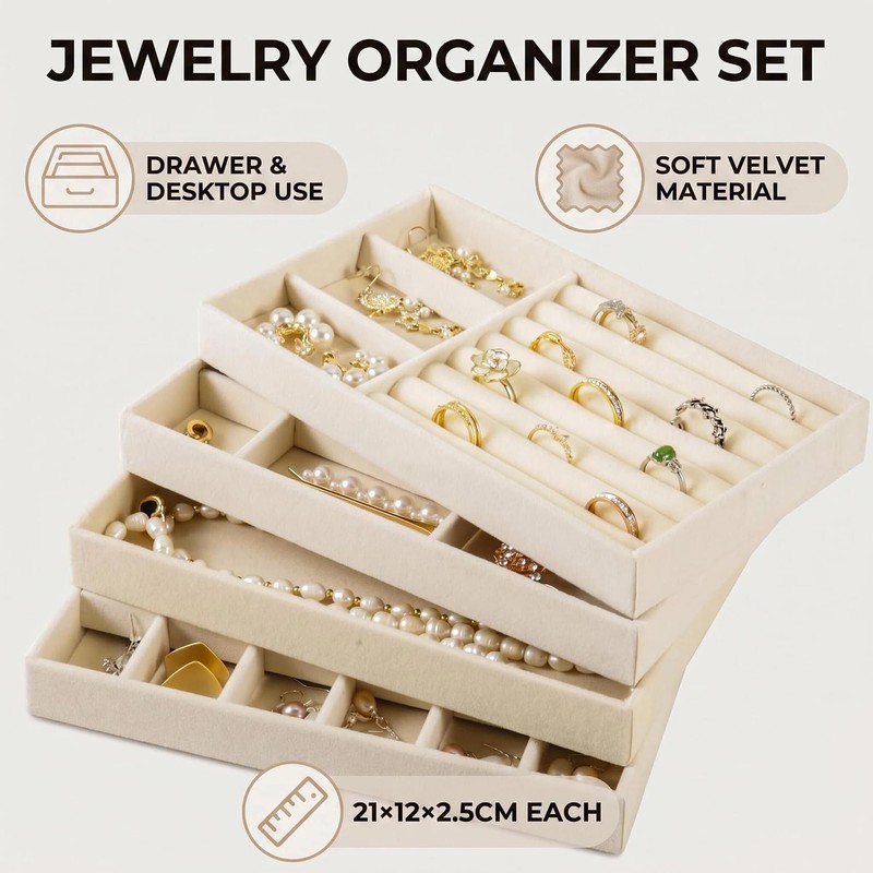 Cecijelry Jewelry Organizer Trays for Drawer, Stackable Velvet 8in Jewelry