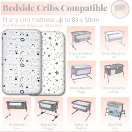 Next to Me Crib Sheets - 2pcs Baby Crib Sheets Set - 100% Organic Cotton to fit Bedside Cribs - Made in Europe – 83 x 50 cm (83x50cm, Grey Animals&Stars)
